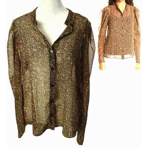 TED BAKER Women Sheer Blouse Long Sleeve Button Animal Print‎ Sz 2/S Brown 81-26